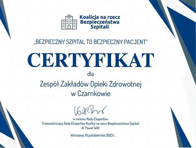 Certyfikat Bezpieczny Szpital to Bezpieczny Pacjent